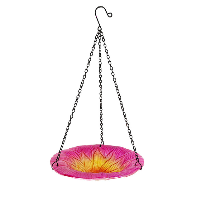 Red Decorative Hanging Glass Flower Bird Bath - 8.1 Inch Vibrant Outdoor Garden Accent.