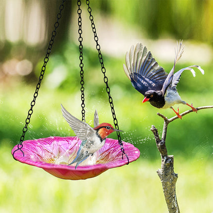 Red Decorative Hanging Glass Flower Bird Bath - 8.1 Inch Vibrant Outdoor Garden Accent.