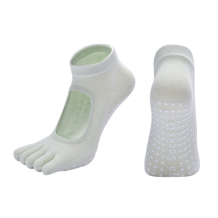 Macaron Green 3-Pack Women's Non-Slip Five-Finger Yoga Socks - Open Back Combed Cotton Pilates & Fitness Grip Socks for Professional Exercise.