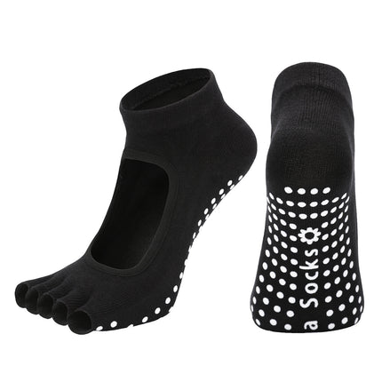 Black 3-Pack Women's Non-Slip Five-Finger Yoga Socks - Open Back Combed Cotton Pilates & Fitness Grip Socks for Professional Exercise.