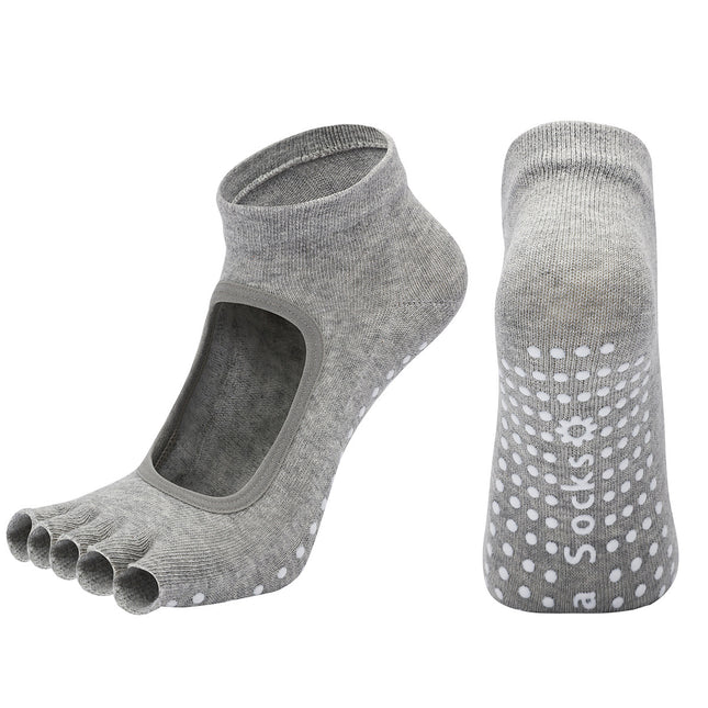 Light Grey 3-Pack Women's Non-Slip Five-Finger Yoga Socks - Open Back Combed Cotton Pilates & Fitness Grip Socks for Professional Exercise