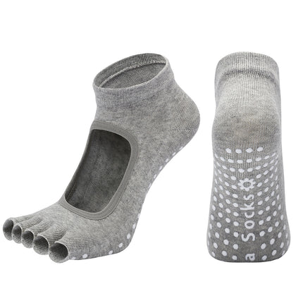 Light Grey 3-Pack Women's Non-Slip Five-Finger Yoga Socks - Open Back Combed Cotton Pilates & Fitness Grip Socks for Professional Exercise.