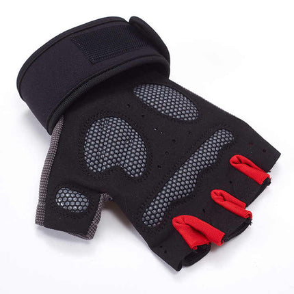 M Red Fingerless Workout Gloves with Wrist Support - Non-Slip, Breathable Gym Gloves for Weightlifting and Cycling.