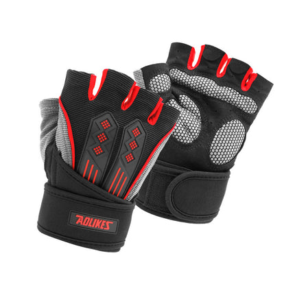 XL Red Fingerless Workout Gloves with Wrist Support - Non-Slip, Breathable Gym Gloves for Weightlifting and Cycling.