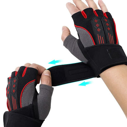XL Red Fingerless Workout Gloves with Wrist Support - Non-Slip, Breathable Gym Gloves for Weightlifting and Cycling.