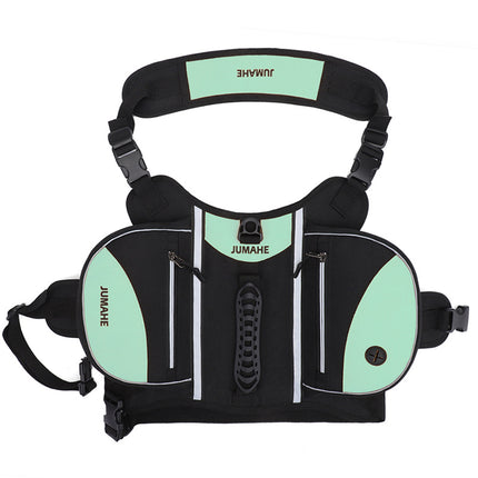 Green Reflective Dog Saddle Harness with Storage Bags - Adjustable Pet Backpack for Outdoor Adventures.