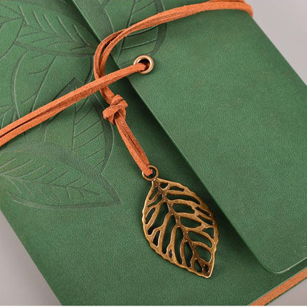 2PCS Green Vintage A5 PU Leather Journal with Leaf Charm - Ring Bound Refillable Notebook Set.