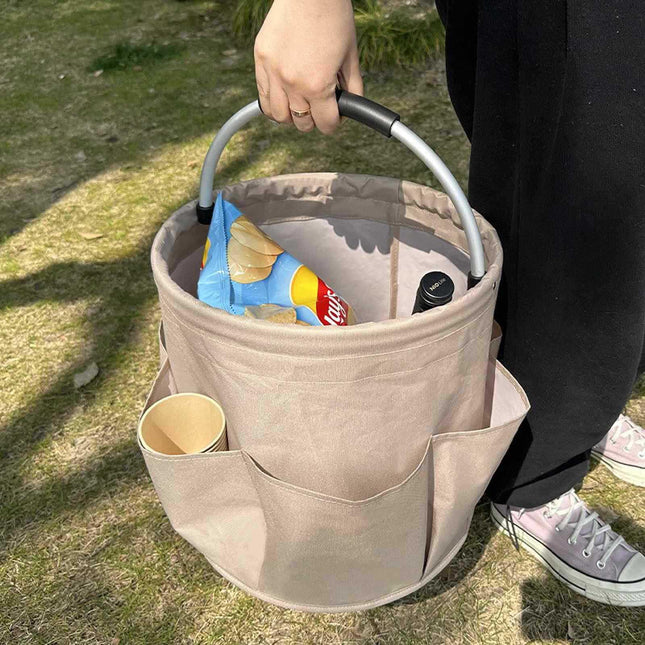 Khaki 17L Collapsible Handheld Storage Bucket | Multi-Pocket Portable Camping & Picnic Basket | Durable Waterproof Organizer for Beach, Bath and Shopping.