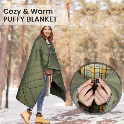 Military Green Compact Lightweight Quilted Blanket - Soft, Warm, and Portable for Outdoor Adventures.