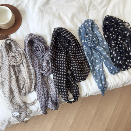 2 Pcs Light Grey Plaid Pattern Rose Flower Thin Scarf – Elegant and Versatile Neck Wrap for Women.