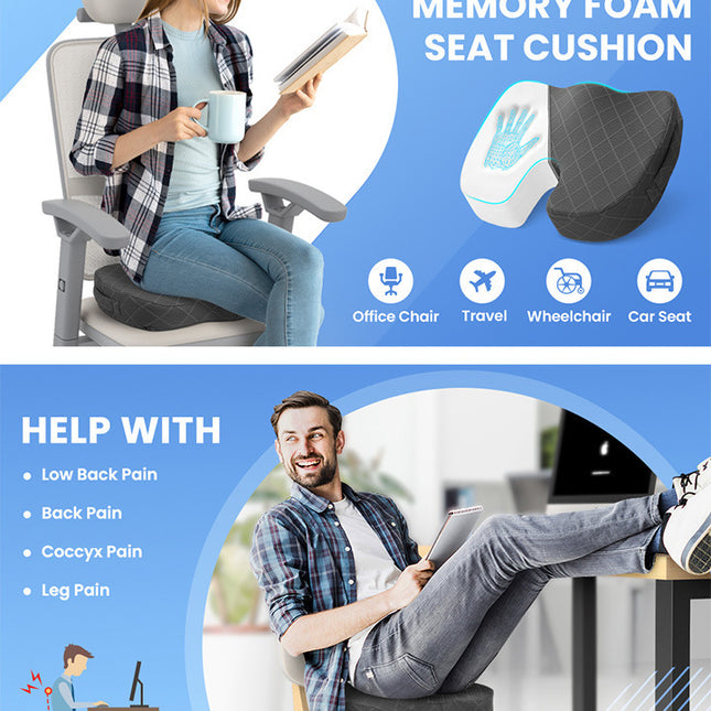 Black Memory Foam Seat Cushion – Ergonomic Support for Office, Car, Wheelchair, and Home Use.