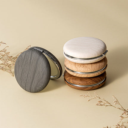 2 Pcs Grey Portable Wooden-Style Makeup Mirror - Dual-Sided High-Definition Compact Mirror.