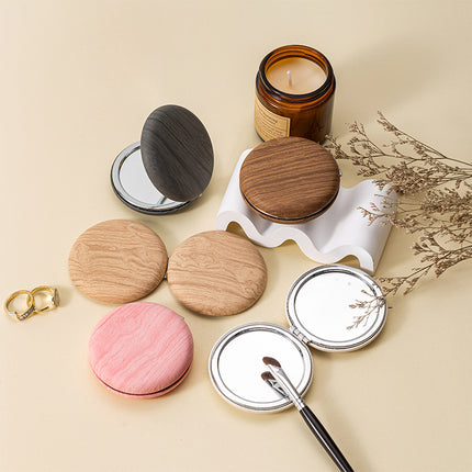 2 Pcs Beige Portable Wooden-Style Makeup Mirror - Dual-Sided High-Definition Compact Mirror.