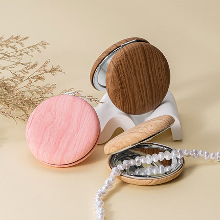 2 Pcs Khaki Portable Wooden-Style Makeup Mirror - Dual-Sided High-Definition Compact Mirror.
