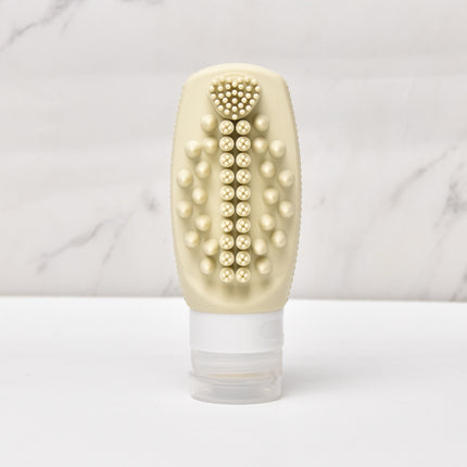 Beige Travel Silicone Refillable Bottle Set – Multi-Functional Soft-Squeeze Dispenser with Built-in Brush (3-Pack).