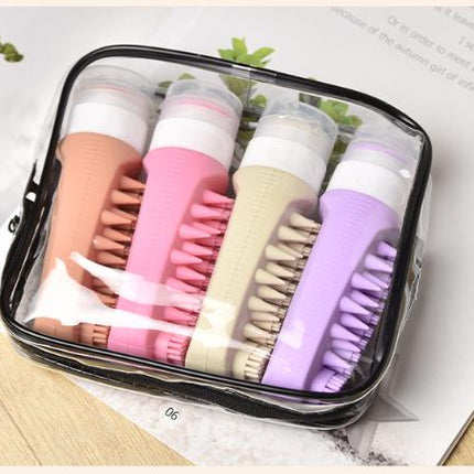 Combination A Travel silicone refillable water bottle set – multi-functional soft-press dispenser with brush and storage bag (4-pack).