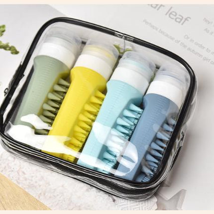 Combination B Travel silicone refillable water bottle set – multi-functional soft-press dispenser with brush and storage bag (4-pack).
