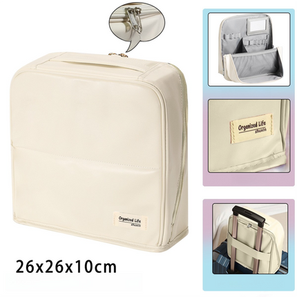 Beige Magnetic Compartmentalized Standing Cosmetic Bag – Large Capacity with Mirror, Travel Makeup Organizer (26×10×26 cm).