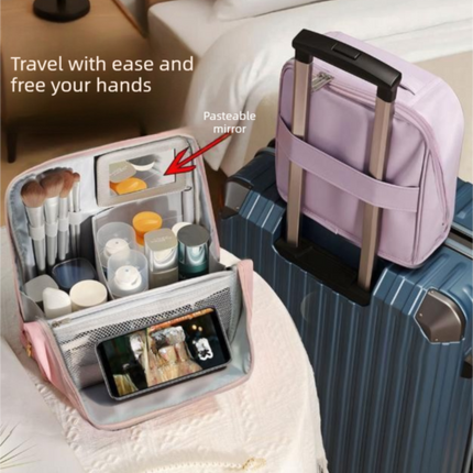 Pink Magnetic Compartmentalized Standing Cosmetic Bag – Large Capacity with Mirror, Travel Makeup Organizer (26×10×26 cm).