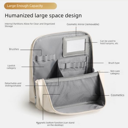Pink Magnetic Compartmentalized Standing Cosmetic Bag – Large Capacity with Mirror, Travel Makeup Organizer (26×10×26 cm).