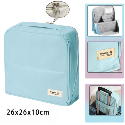 Blue Magnetic Compartmentalized Standing Cosmetic Bag – Large Capacity with Mirror, Travel Makeup Organizer (26×10×26 cm).