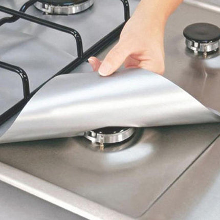 10 Pcs Silver Heat-Resistant Gas Stove Mat – Non-Stick Teflon Coated Fiberglass Protector for Cooktops (270mm × 270mm).