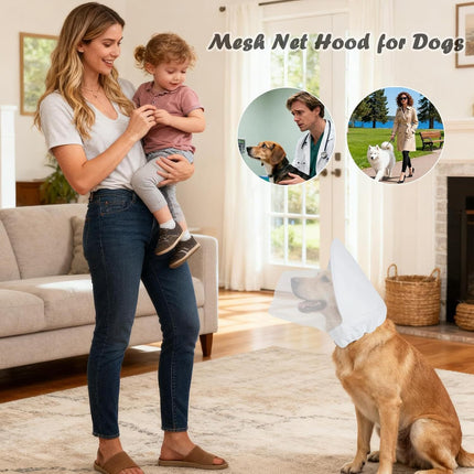 Size L White Mesh Net Hood for Dogs – Protective Face Cover Against Insects, Debris, and Oral Ingestion.