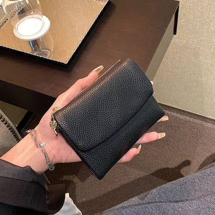Black Women's Compact Lychee Grain Wallet – PU Leather Foldable Card Holder with Zipper Pocket