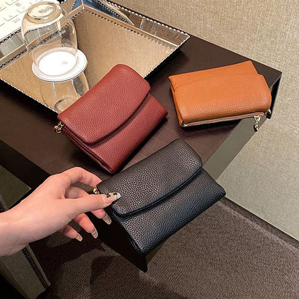 Black Women's Compact Lychee Grain Wallet – PU Leather Foldable Card Holder with Zipper Pocket