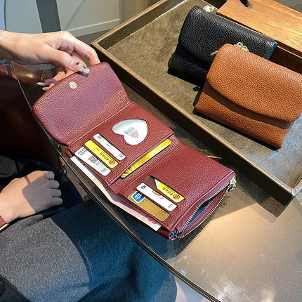 Black Women's Compact Lychee Grain Wallet – PU Leather Foldable Card Holder with Zipper Pocket