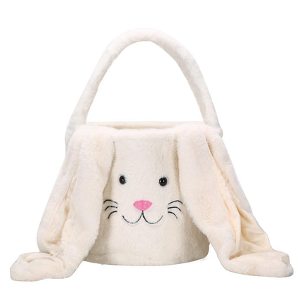 White Cute Plush Bunny Easter Basket with Long Ears and Personalization Option for Kids Egg Hunt and Spring Celebration.
