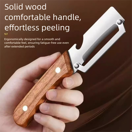 2-PCS Multi-Function Stainless Steel Peeler with Wooden Handle for Fruits, Vegetables, Sugarcane and Bottle Opening.
