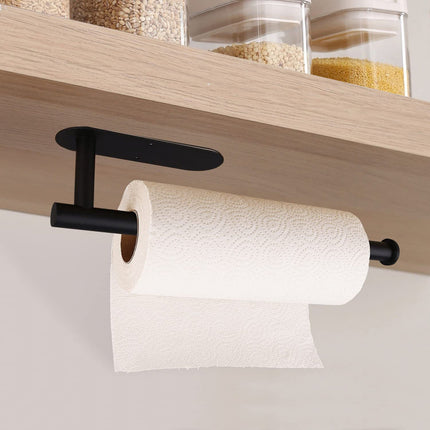 Gold Stainless Steel Kitchen Paper Holder with Adhesive Mounting – Under Cabinet Tissue Roll Rack for Paper Towels, Toilet Paper or Plastic Wrap.