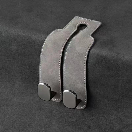 Grey 4-Pack Car Seat Back Hooks – Hidden Suede Leather with Metal Hooks for Storage and Phone Stand.