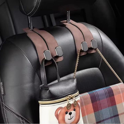 Grey 4-Pack Car Seat Back Hooks – Hidden Suede Leather with Metal Hooks for Storage and Phone Stand.