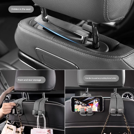 Grey 4-Pack Car Seat Back Hooks – Hidden Suede Leather with Metal Hooks for Storage and Phone Stand.