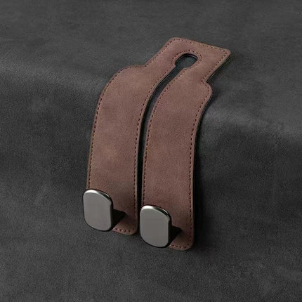 Brown 4-Pack Car Seat Back Hooks – Hidden Suede Leather with Metal Hooks for Storage and Phone Stand.