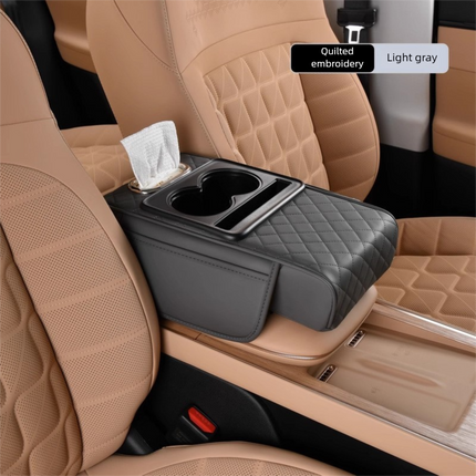 Grey Car Central Armrest Box Raiser Pad with Cup Holder, Tissue Box & Phone Storage – 4-in-1 Multi-Functional Design.