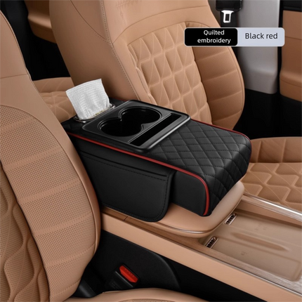 Black and red Car Central Armrest Box Raiser Pad with Cup Holder, Tissue Box & Phone Storage – 4-in-1 Multi-Functional Design.