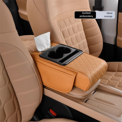Yellow Car Central Armrest Box Raiser Pad with Cup Holder, Tissue Box & Phone Storage – 4-in-1 Multi-Functional Design.