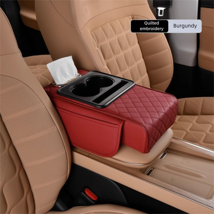 Wine red Car Central Armrest Box Raiser Pad with Cup Holder, Tissue Box & Phone Storage – 4-in-1 Multi-Functional Design.