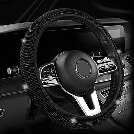 Black Crystal Rhinestone Steering Wheel Cover – Elastic Stretch Design with Full Diamond Embellishment.
