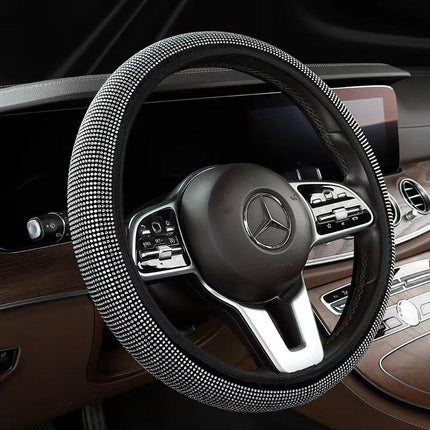 White Crystal Rhinestone Steering Wheel Cover – Elastic Stretch Design with Full Diamond Embellishment.