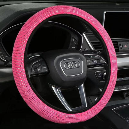 Rose red Crystal Rhinestone Steering Wheel Cover – Elastic Stretch Design with Full Diamond Embellishment.