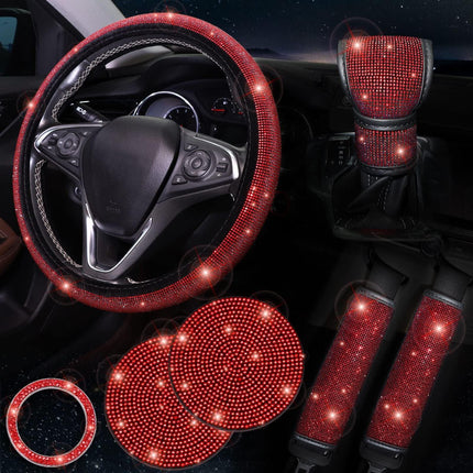 Red 7-Piece Car Interior Decoration Set – Crystal Rhinestone Steering Wheel Cover, Gear Shift Cover, Seat Belt Pads, Cup Coasters & Ignition Switch Cover.