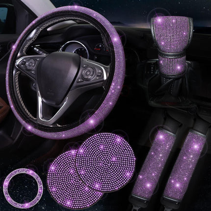 Light purple 7-Piece Car Interior Decoration Set – Crystal Rhinestone Steering Wheel Cover, Gear Shift Cover, Seat Belt Pads, Cup Coasters & Ignition Switch Cover.