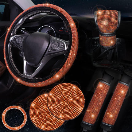 Orange 7-Piece Car Interior Decoration Set – Crystal Rhinestone Steering Wheel Cover, Gear Shift Cover, Seat Belt Pads, Cup Coasters & Ignition Switch Cover.