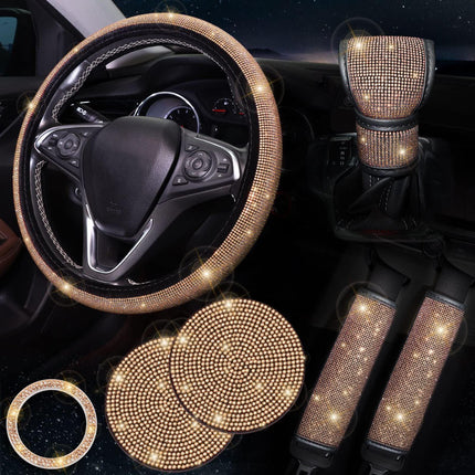 Champagne colour 7-Piece Car Interior Decoration Set – Crystal Rhinestone Steering Wheel Cover, Gear Shift Cover, Seat Belt Pads, Cup Coasters & Ignition Switch Cover.