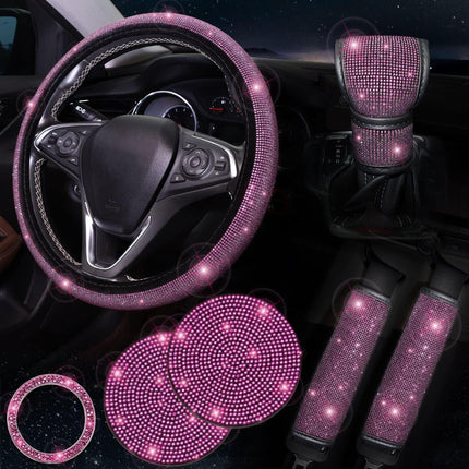 Rose red 7-Piece Car Interior Decoration Set – Crystal Rhinestone Steering Wheel Cover, Gear Shift Cover, Seat Belt Pads, Cup Coasters & Ignition Switch Cover.