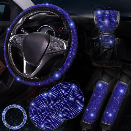 Blue 7-Piece Car Interior Decoration Set – Crystal Rhinestone Steering Wheel Cover, Gear Shift Cover, Seat Belt Pads, Cup Coasters & Ignition Switch Cover.
